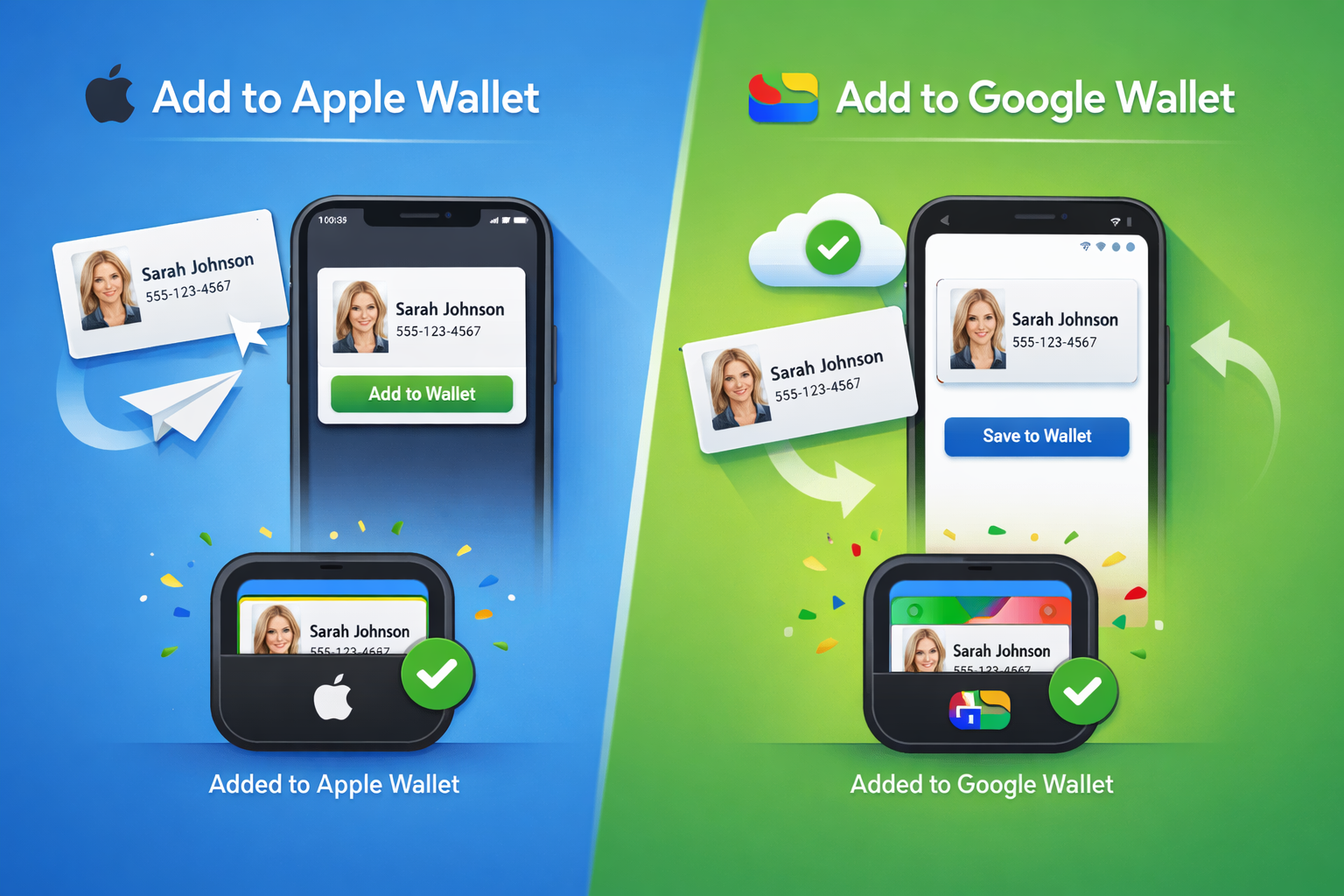 Illustration showing contact installation into Apple Wallet and Google Wallet